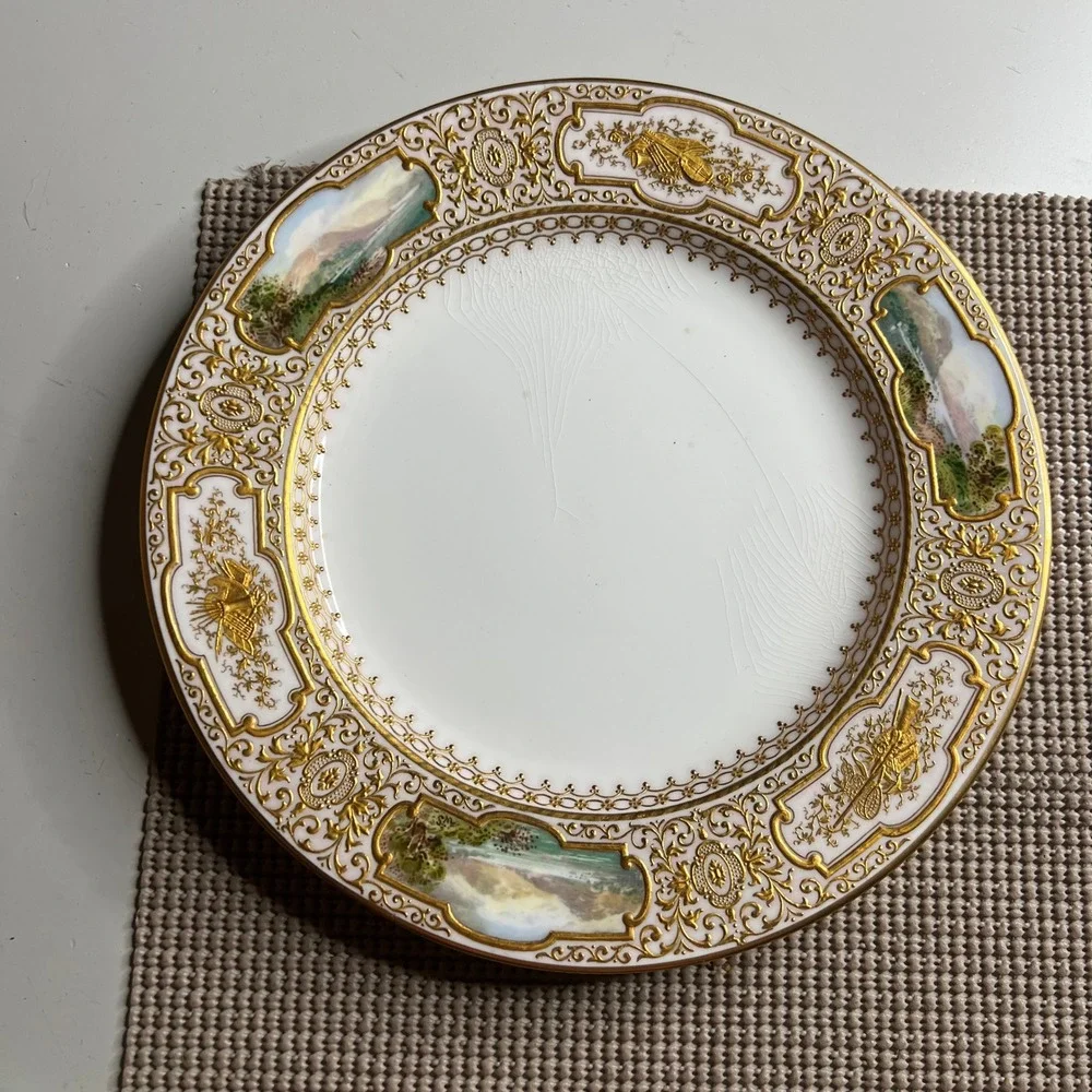 Antique Coalport Hand Painted Landscape Gold Encrusted Porcelain Cabinet Plate